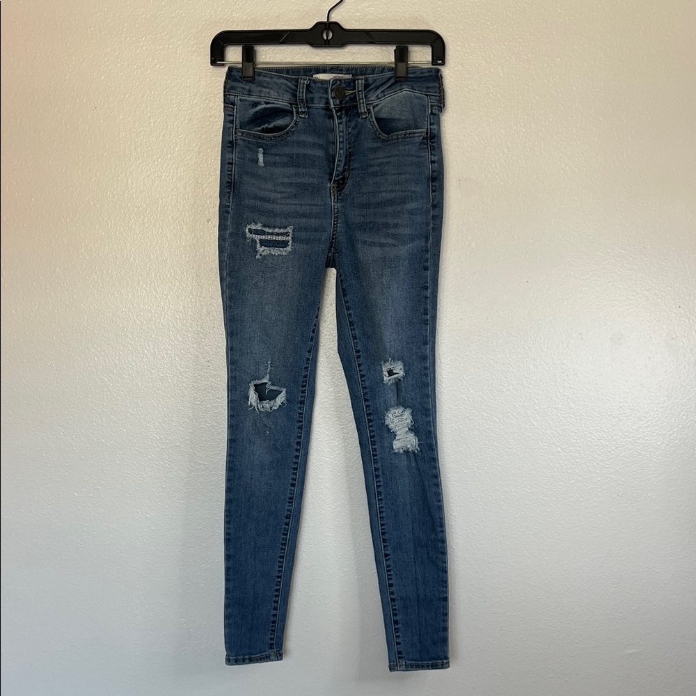 EUC SO Women's Distressed Super High Rise Blue Jeans Jeggings sz 3/26in